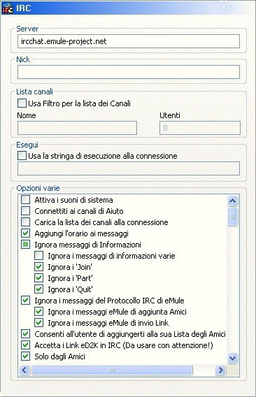 The IRC Options screen